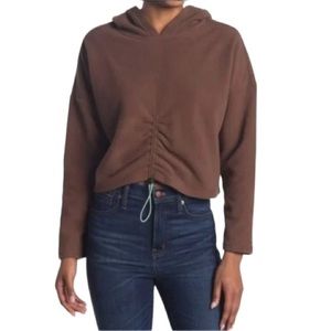 ELODIE Cinched Front Fleece Crop Hoodie In Brown Size Medium